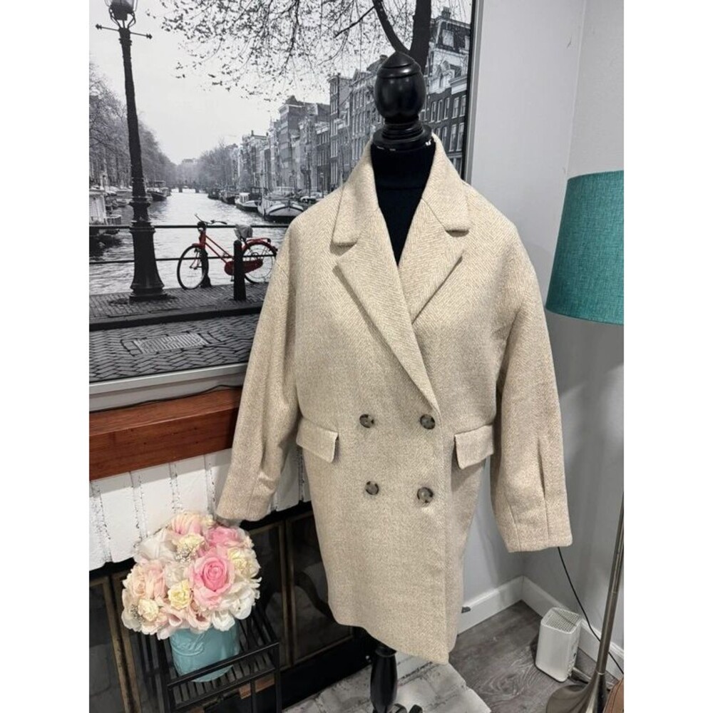 Mango Herringbone Double-Breasted Coat Beige Cream Wool blend Small